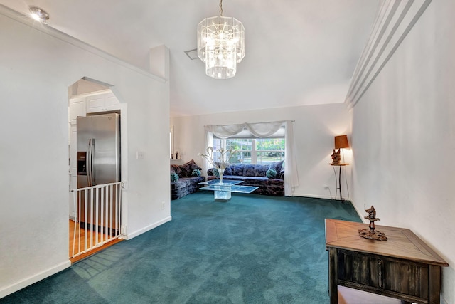 living room with dark carpet and crown molding