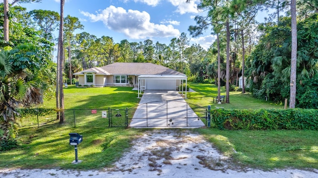 view of front of home featuring a front yard and a garage