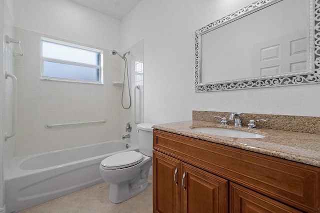 full bathroom featuring toilet, tile patterned floors, vanity, and tiled shower / bath combo