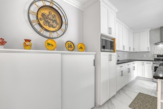 kitchen with white cabinetry, crown molding, appliances with stainless steel finishes, and tasteful backsplash