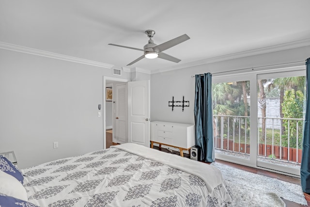 bedroom with hardwood / wood-style floors, access to outside, ceiling fan, and crown molding