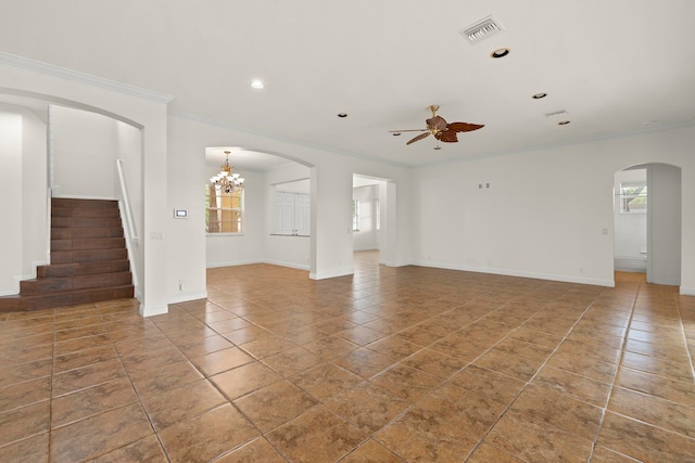 unfurnished living room featuring tile patterned floors, ceiling fan with notable chandelier, and ornamental molding