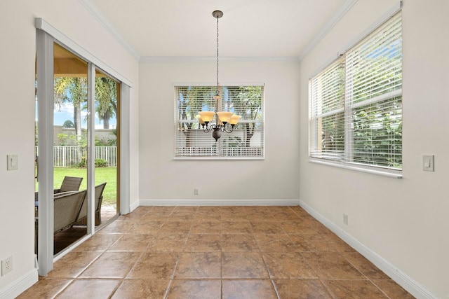 unfurnished dining area with crown molding and a chandelier