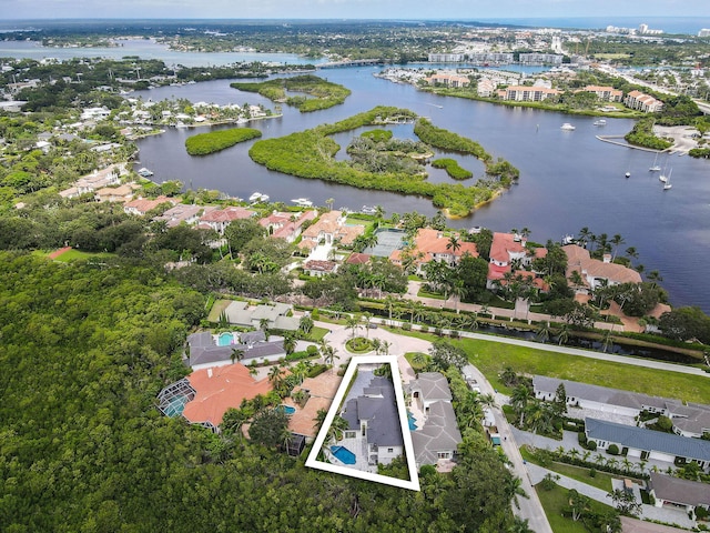 bird's eye view with a water view