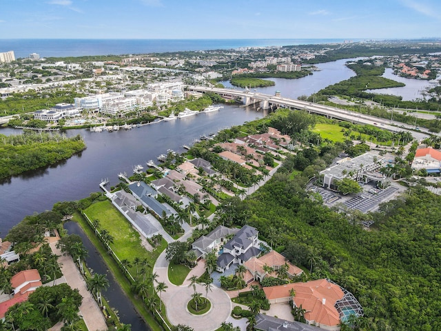 aerial view featuring a water view