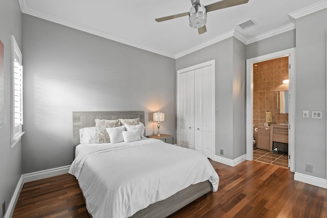 bedroom featuring a closet, dark wood-type flooring, and ceiling fan