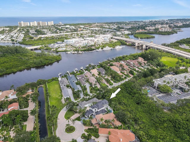 drone / aerial view featuring a water view