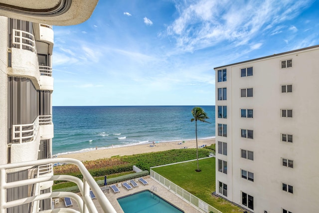 property view of water featuring a beach view