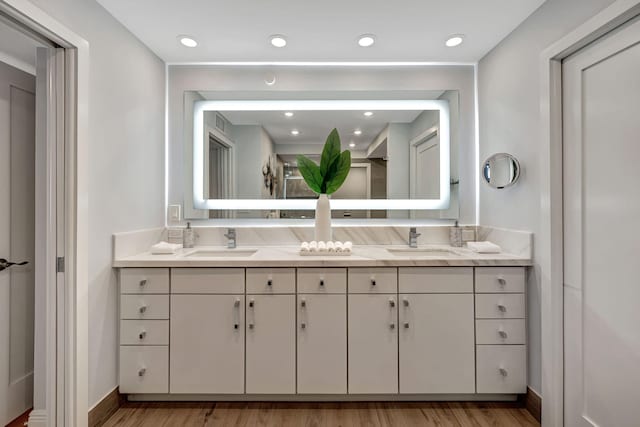 bathroom with wood-type flooring and vanity