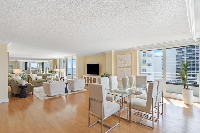 dining area with ornamental molding, expansive windows, light hardwood / wood-style floors, and a textured ceiling