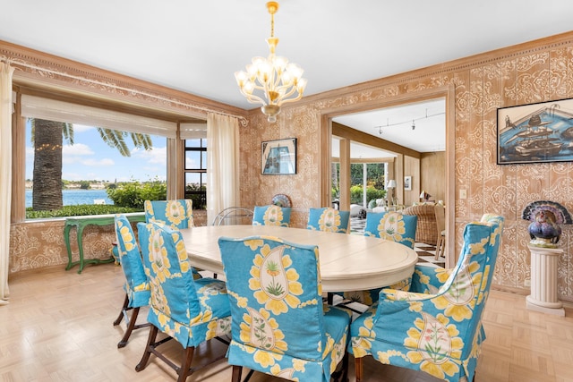 dining room featuring a water view, a chandelier, light parquet floors, and a healthy amount of sunlight