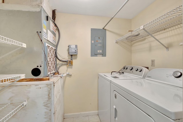 washroom with washer and clothes dryer, electric panel, and heating unit