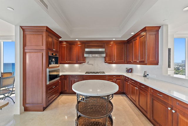 kitchen with decorative backsplash, stainless steel gas cooktop, wall oven, a tray ceiling, and a water view