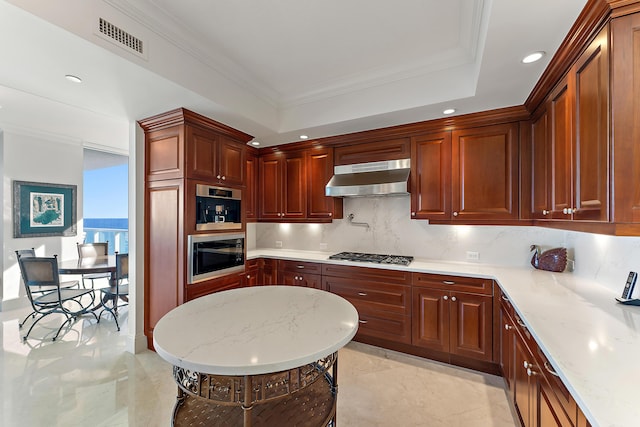 kitchen featuring light stone counters, stainless steel gas stovetop, a raised ceiling, and decorative backsplash