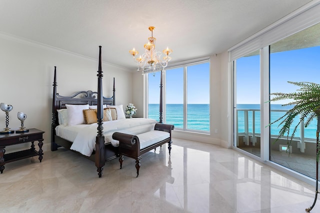 bedroom with crown molding, a water view, a notable chandelier, and access to exterior