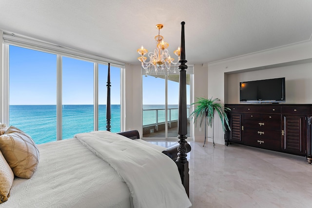 bedroom with a notable chandelier, crown molding, and a textured ceiling