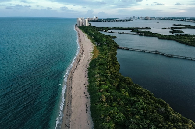 aerial view with a view of the beach and a water view