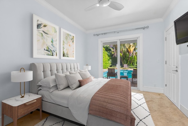 tiled bedroom with access to outside, ceiling fan, and crown molding