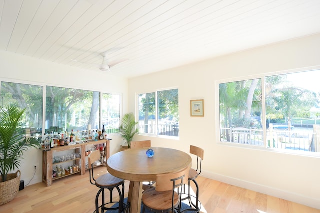 dining area with ceiling fan, a healthy amount of sunlight, and light hardwood / wood-style flooring