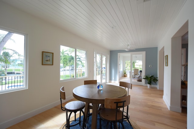 dining room with ceiling fan, light hardwood / wood-style floors, and wood ceiling