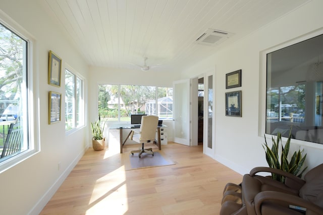 office space with ceiling fan, a healthy amount of sunlight, and light hardwood / wood-style floors