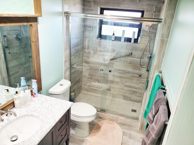 bathroom with vanity, toilet, and an enclosed shower