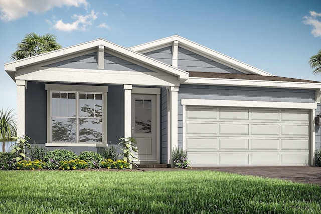 ranch-style house with a front yard and a garage