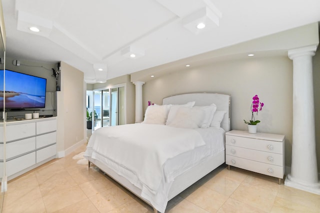2800 S Ocean Blvd Unit 14-H, Boca Raton, FL 33432 - bedroom featuring ornate columns, recessed lighting, and light tile patterned flooring