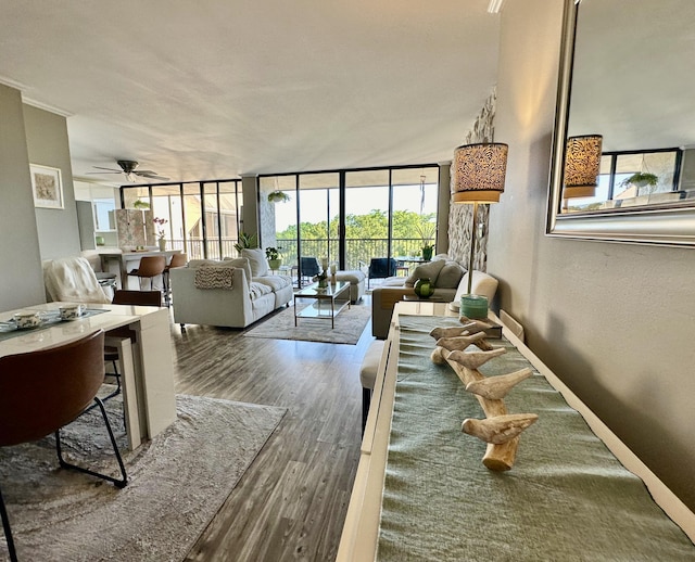 2816 N 46th Ave Unit J682, Hollywood, FL 33021 - living area with wood finished floors, healthy amount of natural light, a ceiling fan, and expansive windows