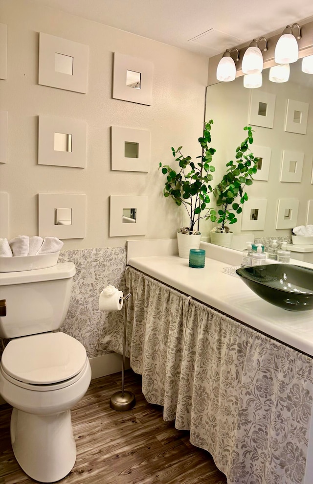 bathroom featuring toilet, sink, and hardwood / wood-style flooring