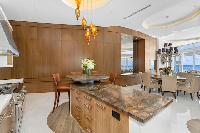 kitchen with wood walls, a water view, a raised ceiling, pendant lighting, and a large island