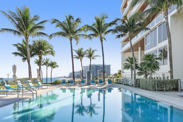 view of swimming pool with a patio