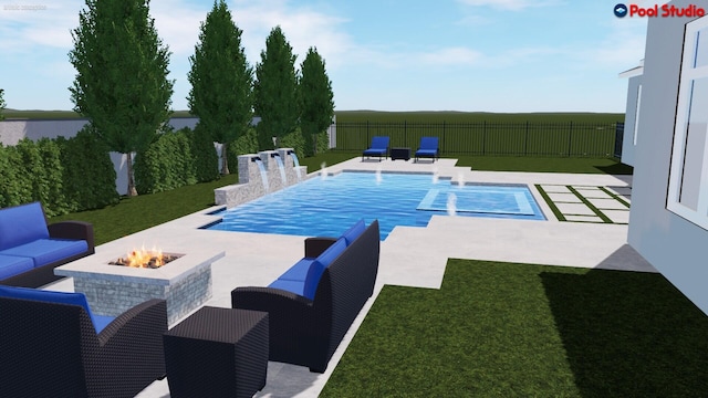 view of swimming pool featuring pool water feature, a patio area, a yard, and an outdoor living space with a fire pit