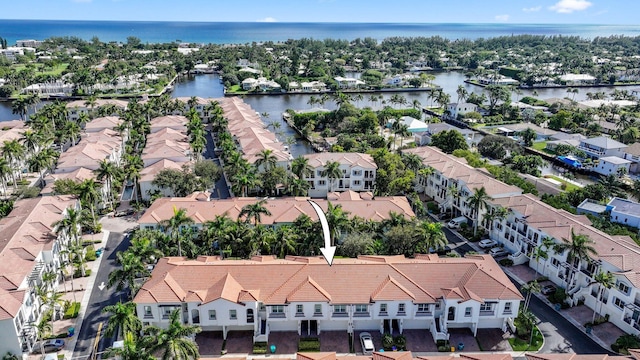 bird's eye view with a water view