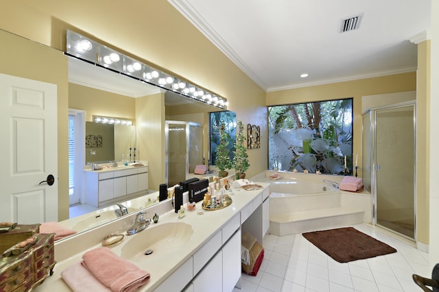 bathroom featuring plus walk in shower, vanity, tile patterned floors, and ornamental molding