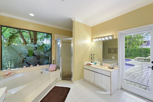 bathroom with crown molding, plenty of natural light, vanity, and plus walk in shower