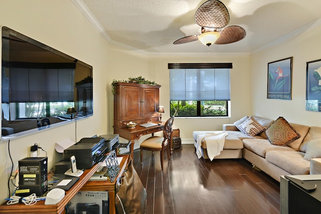 living room featuring dark hardwood / wood-style floors, ceiling fan, crown molding, and a textured ceiling