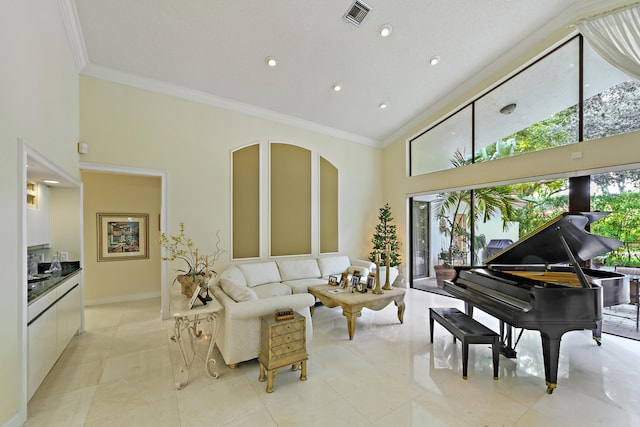 living room featuring light tile patterned floors, high vaulted ceiling, and ornamental molding