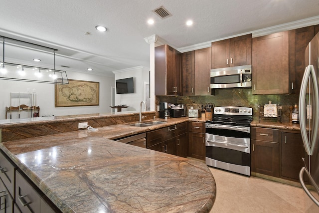 kitchen with sink, crown molding, a textured ceiling, decorative backsplash, and appliances with stainless steel finishes