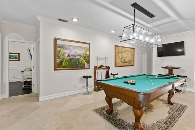 recreation room with ornamental molding and pool table