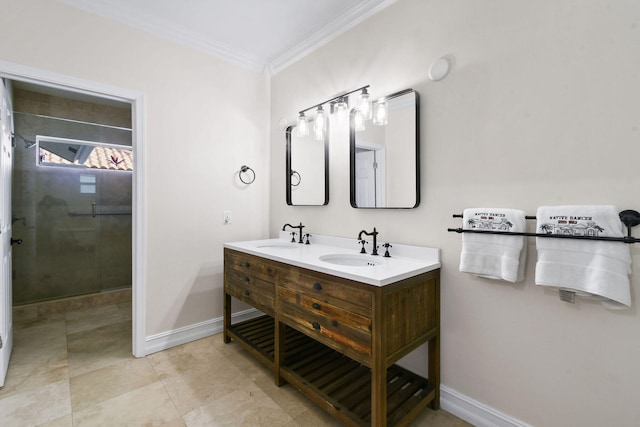 bathroom with vanity, an enclosed shower, and ornamental molding