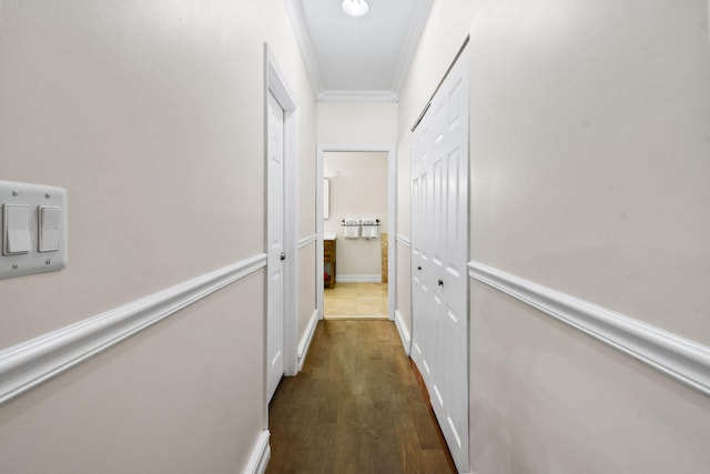 hallway with crown molding and dark wood-type flooring