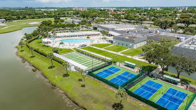 bird's eye view with a water view