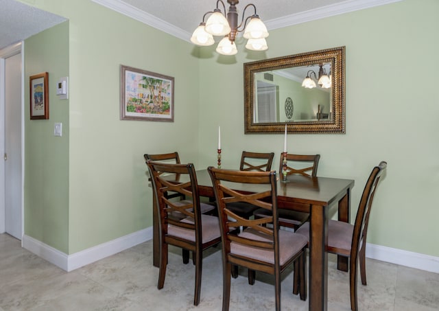 dining space with crown molding, a textured ceiling, and an inviting chandelier