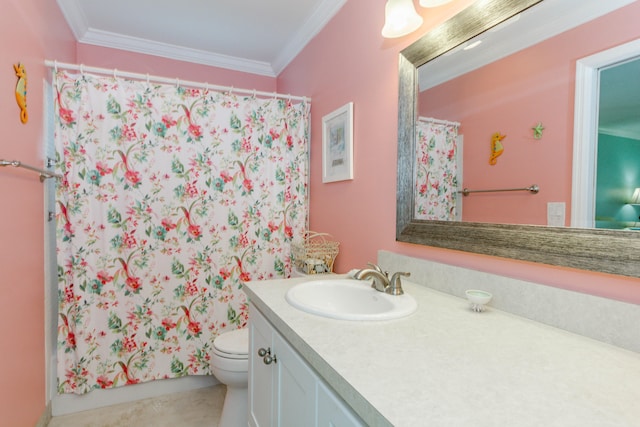 bathroom with a shower with curtain, vanity, toilet, and crown molding