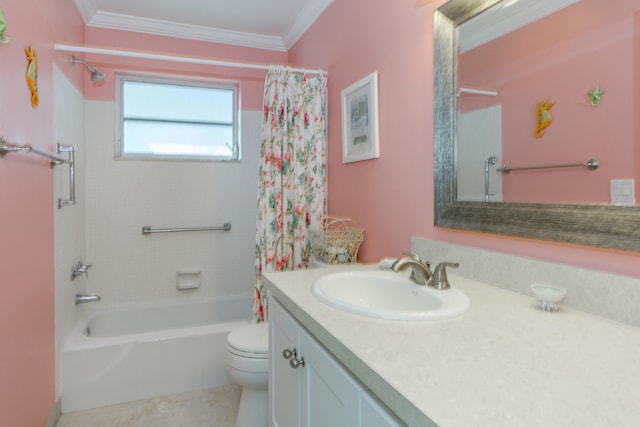 full bathroom with crown molding, shower / tub combo with curtain, vanity, and toilet