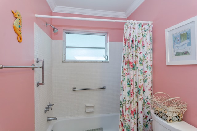 bathroom featuring crown molding, shower / bath combination with curtain, and toilet