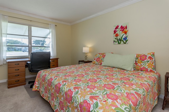 bedroom with ornamental molding and light carpet