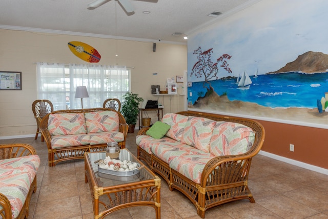 tiled living room with crown molding and ceiling fan