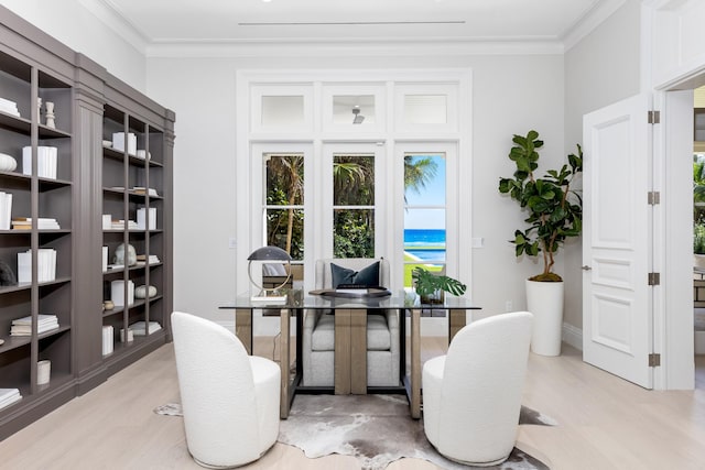 office space with light hardwood / wood-style floors and crown molding